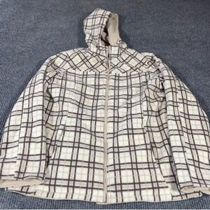 Izod Jacket Womens Large L Beige Plaid Fleece Reversible Hooded Pockets Warm